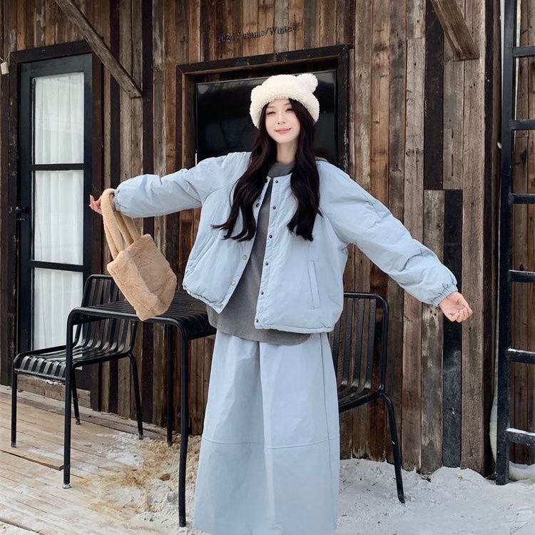 Set áo khoác phao xanh+chân váy phao dài