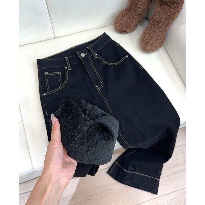 Quần jean ống rộng đen lót lông