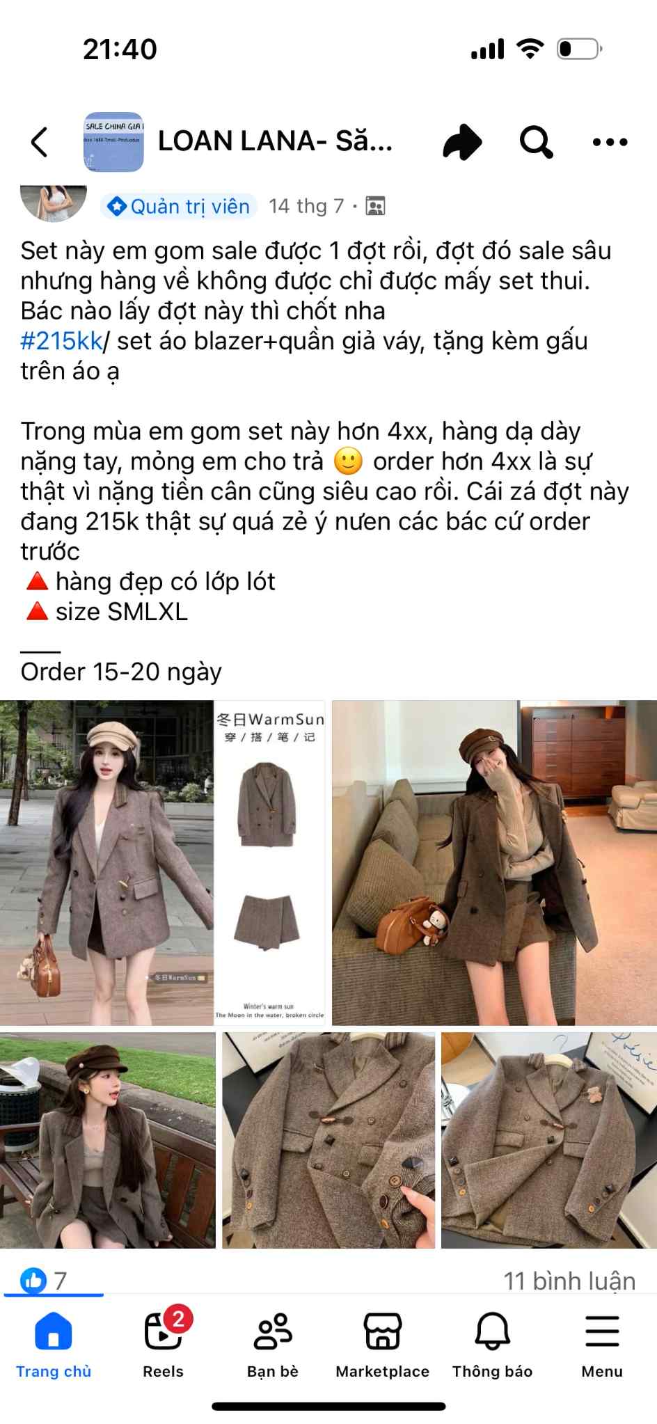 Set áo blazer dạ+ quần giả váy nâu