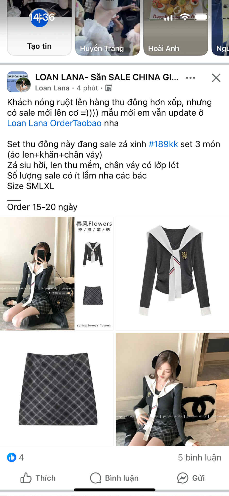 Set áo len xám kèm khăn+ CHân váy kẻ ngắn