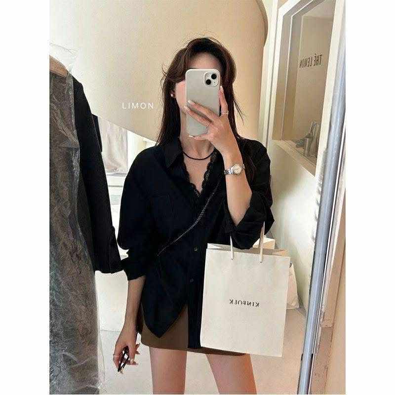 Áo sơ mi cổ phối ren